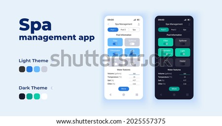 Spa management app cartoon smartphone interface vector templates set. Mobile app screen page day and dark mode design. Pool information UI for application. Phone display