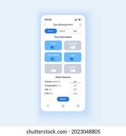 Spa management app smartphone interface vector template. Mobile app page design layout. Ethernet or wireless controller connection from anywhere screen. Flat UI for application. Phone display