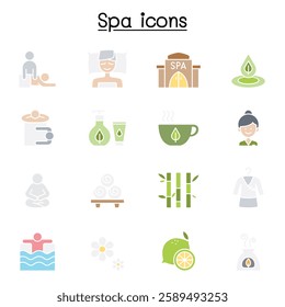 Spa, Massage, Aroma therapy icon set in flat color style