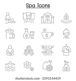 Spa, Massage, Aroma therapy icon set in thin line style