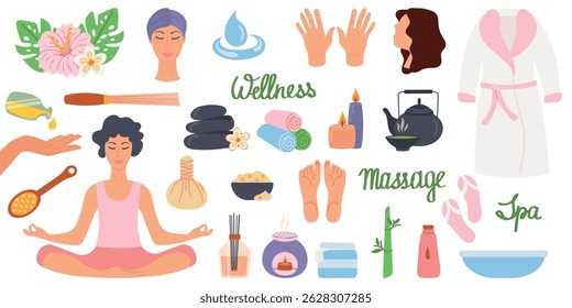 Spa massage and beauty salon icon set. Vector illustration in flat style. Body care and natural treatment concept. Natural cosmetics and bath accessories, Thai beauty salon.