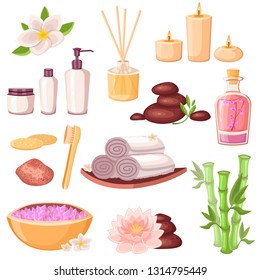 Spa massage and beauty salon icons set. Vector cartoon illustration. Body care and natural treatment concept. Natural cosmetic and bath supplies, isolated on white background.