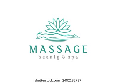 Spa massage beauty scrub salon logo design, With an illustration of a woman sleeping on her stomach, and lotus flower.