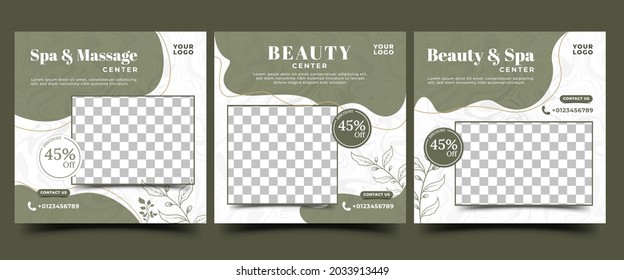 Spa, massage, beauty, therapy social media post template design collection. Modern promotion banner with green flower ornament and place for the photo. Usable for social media, banners, and web ads.