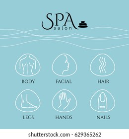 Spa and massage, Bodycare, Beauty Salon, Wellness conceptual banners set with flat style design icons. Healthcare salon, haircut, skin care, herbal therapy, cosmetics vector items