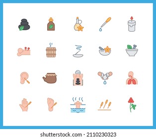 spa and massage color icons. Set of oil, candle, aroma symbols drawn with thin contour lines. Vector illustration.