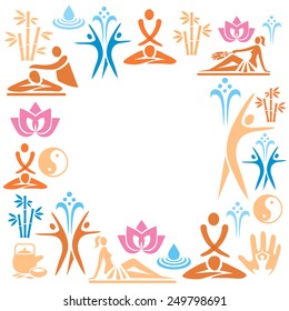 Spa massage decorative colorful frame. Decorative frame with colorful icons of massage and spa. Vector illustration. 