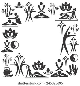  Spa massage decorative frame. Decorative frame with black icons of massage and spa. Vector illustration. 