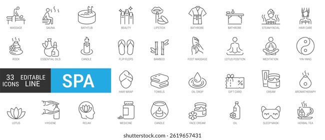 Spa and massage icons, wellness, sauna, relaxation, beauty minimal line set