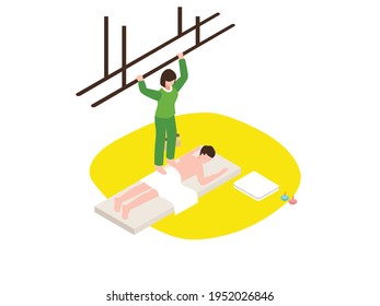 Spa or Massage isometric vector concept. Man having back massage by female professional masseur in spa salon