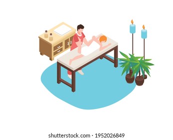 Spa or Massage isometric vector concept. Woman having massage therapy by male masseur in the spa salon