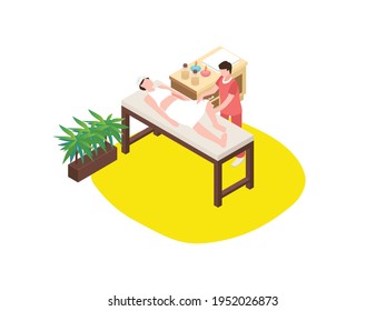 concepto vectorial isométrico Spa o Masaje. Mujer que disfruta de un masaje de rodilla en el salón de spa