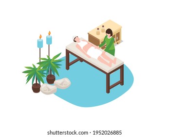 Spa or Massage isometric vector concept. Pregnant woman having massage in spa salon