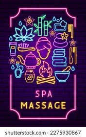 Cartel De Masaje De Neon. Ilustración vectorial del procedimiento de lavado. Limpiar y lavar. Promoción de la lámpara de pie brillante.