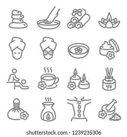 Spa Massage Related Vector Line Icons. Contains such Icons as Aroma Candle, Foot Massage, Diffuser and more. Expanded Stroke.