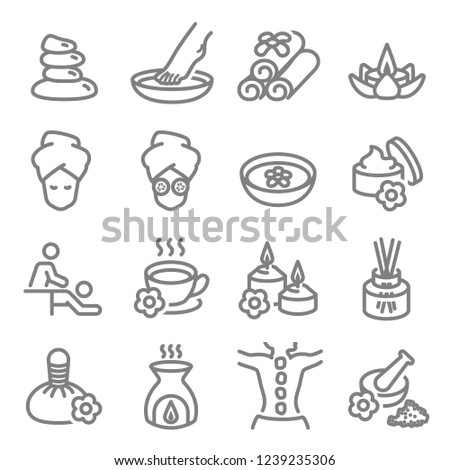 Spa Massage Related Vector Line Icons. Contains such Icons as Aroma Candle, Foot Massage, Diffuser and more. Expanded Stroke.
