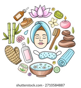 SPA y concepto de salón de masajes, aceites de aromaterapia, velas y jabón de cuidado corporal.  Ilustración vectorial