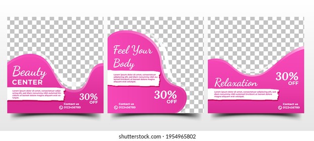 Spa And Massage Social Media Post Template. Pink Color With Abstract White Shape. Flat Design Vector With A Photo Collage. Suitable For Social Media, Banner, Flyers, Card, And Website.