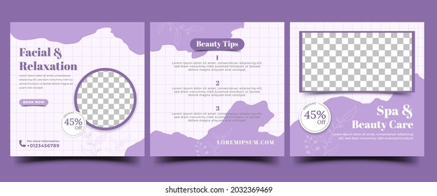 Spa and massage social media post template design. Editable social media puzzle promotional banner with abstract purple shape and flowers ornament. 