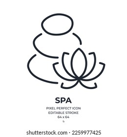 Spa and massage stones with lotus flower editable stroke outline icon isolated on white background flat vector illustration. Pixel perfect. 64 x 64.