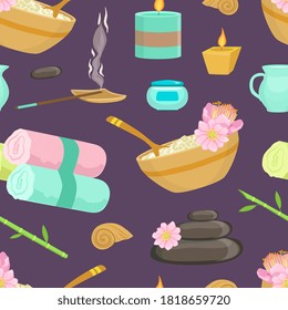 Spa and Massage Symbols Seamless Pattern, Natural Cosmetics, Relaxing Procedures, Skincare Treatment, Element Can Be Used for Fabric, Wallpaper, Packaging, Web Page, Wrapping Paper Vector Illustration