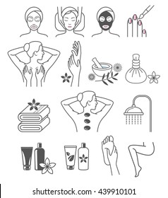 Spa Massage Therapy Skin Care & Cosmetics Services Icons. Vector Illustration.