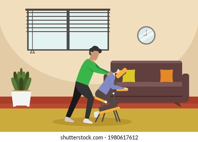 Spa Or Massage Vector Concept. Man Massaging Woman On The Massage Chair At Home