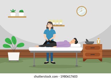 Spa or Massage vector concept. Masseur massaging patient knee on in the clinic