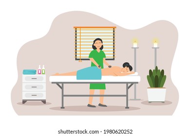 concepto vectorial Spa o Masaje. Joven que recibe tratamiento de piedra balnearia por terapeuta profesional