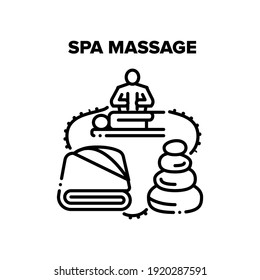 Concepto De Icono Del Vector De Masajes De Spa. Relajante Masaje Spa En El Gabinete De Salón De Belleza, Balanceando Piedras Y Accesorios De Cocina Para Relajarse. Ilustración negra de Masseur Massaging Client