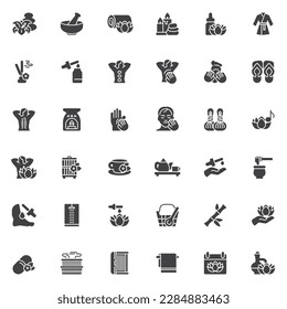 Juego de iconos vectoriales de spa y masaje, colección moderna de símbolos sólidos, paquete de pictogramas estilo relleno. Señales, ilustración del logotipo. El juego incluye iconos como botella de aceite esencial, terapia de acupuntura, palos de Incense