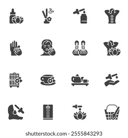 Spa massage and Wellness vector icons set, modern solid symbol collection, filled style pictogram pack. Signs, logo illustration. Set includes icons as aromatherapy, stone massage, sauna, tea ceremony