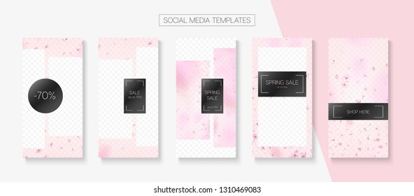 Spa, Natural Cosmetics Stories Sale Vector Layout. Special Offer New Arrivals, Discount Border Kit. Rose Cherry Flowers Flying Confetti. Stories Social Media Templates. Spa, Natural Cosmetics Sale