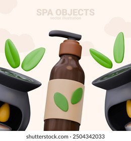 Spa objects in 3D cute style. Brown bottle with dispenser and eco label