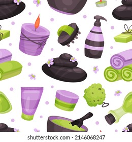 Spa objects seamless pattern. Cosmetology, beauty treatment and wellness endless background vector illustration