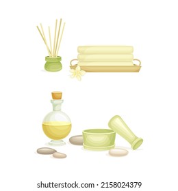 Spa objects set. Aromatic reed diffuser, towel, bottle of oil, mortar and pestle. Beauty routine and skin care vector illustration