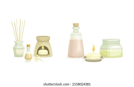 Spa objects set. Aromatic reed diffuser, burning candle. Beauty routine and skin care vector illustration