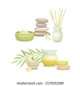 Spa objects set. Aromatic reed diffuser, pebble stones, oil. Beauty routine and skin care vector illustration