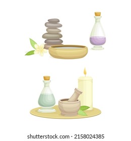 Spa objects set. Smooth pebble stones, mortar and pestle, aroma candle. Beauty routine and skin care vector illustration