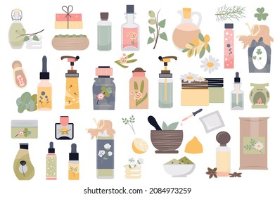 Spa and organic cosmetics isolated elements set. Collection of different types of bottles with skin care products, fruits, herbs and flowers compositions. Vector illustration in flat cartoon design