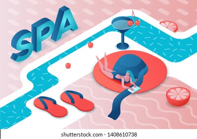 Spa party 3d isometric letters, summer event type poster, fruits, cocktail, watermelon, pineapple, modern lettering, beach elements, holiday poster, trendy font