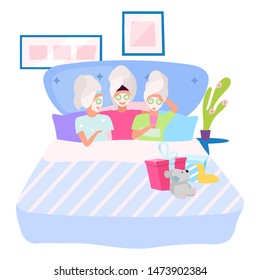 Spa party flat vector illustration. Girlfriend applying facial masks cartoon characters. Sleepover, slumber night party. Friends spending beauty time together, pastime. Female friendship concept