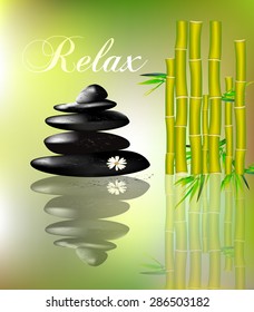Spa pebbles and bamboo -reflection on light green background.Zen.Health.Balance