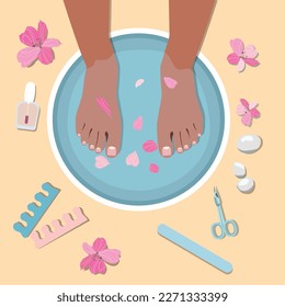 Spa pedicure top view vector illustration. Female feet in a bowl with water. Feet and hand treatments. Manicure and pedicure equipment, spa stones and flowers. Hand-drawn feminine salon design.