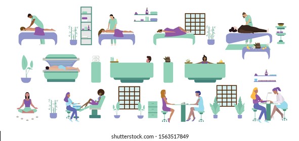 Spa people flat icon set with relaxing people massage spa yoga manicure pedicure vector illustration