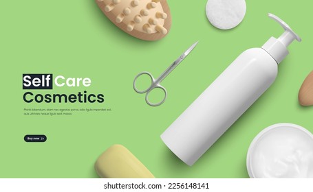 Juego de vectores fotorealistas de Spa para accesorios cosméticos para ducha y cuidado en un pié de fondo verde