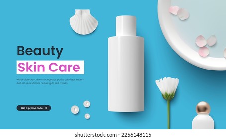 Juego de vectores fotorrealistas Botella de plástico blanco, baño de manos, flor blanca, fregadero y botella en los pies de fondo azul
