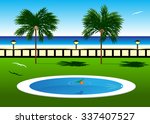 Spa. The pool, a beach and couple of palm trees and birds against the sea and the sky