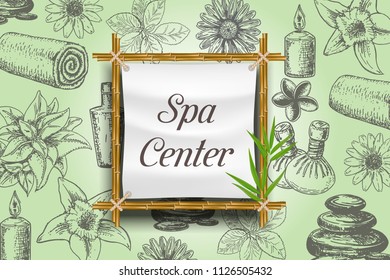 Spa poster, banner template. Vector realistic bamboo frame with spa center lettering and ink hand drawn spa salon items.