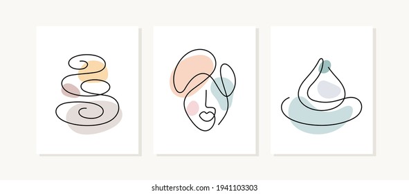 Spa posters. One line vector illustration. Stone massage, face treatment and drop of water.